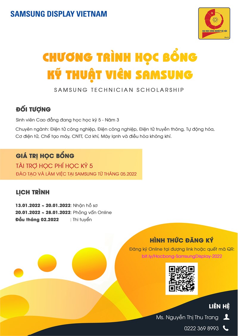 Chương trình học bổng kỹ thuật viên Samsung dành cho SV trình độ Cao đẳng K21 của Công ty TNHH Samsung Display Việt Nam