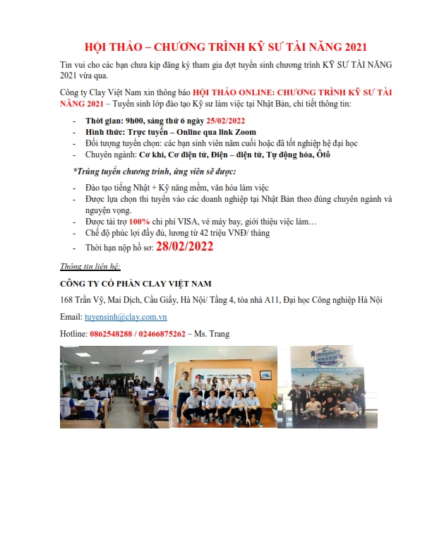 Hội thảo giới thiệu chương trình tuyển sinh đào tạo lớp Kỹ sư tài năng làm việc tại Nhật Bản của Công ty Clay Việt Nam (miễn phí 100%)