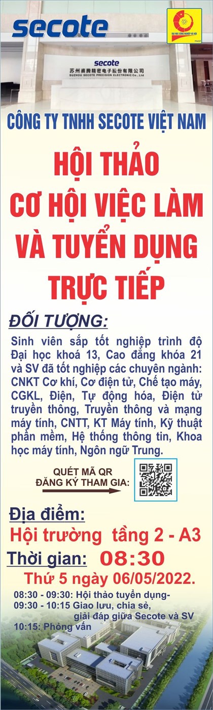 Hội thảo việc làm, thi tuyển, phỏng vấn trực tiếp của Công ty TNHH Secote Việt Nam, thứ 6 ngày 06/05/2022