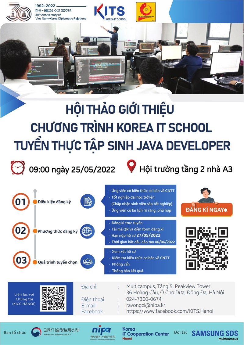 Hội thảo việc làm, giới thiệu chương trình Korea IT School - Tuyển dụng và đào tạo thực tập sinh Java Developer - Thứu 4 ngày 25/05/2022