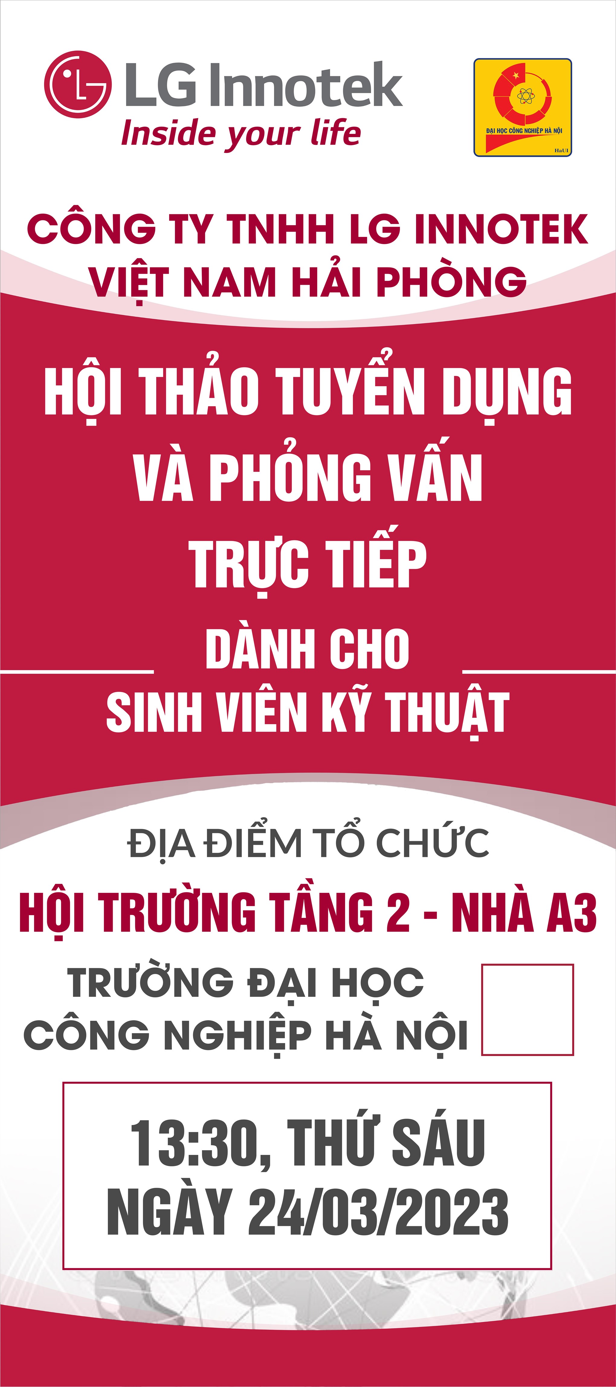 Hội thảo việc làm và thi tuyển trực tiếp của Công ty TNHH LG Innotek Việt Nam Hải Phòng - T6, ngày 24/03/2023