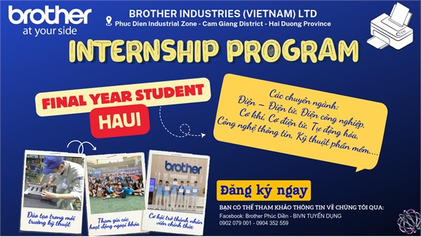Thông báo chương trình Hội thảo thực tập, việc làm và phỏng vấn trực tiếp của Công ty TNHH Công nghiệp Brother Việt Nam - Thứ 6, ngày 08/12/2023
