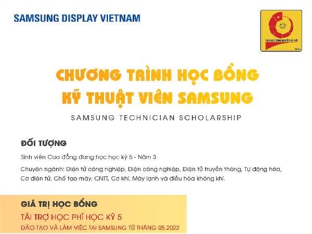 Chương trình học bổng kỹ thuật viên Samsung dành cho SV trình độ Cao đẳng K21 của Công ty TNHH Samsung Display Việt Nam