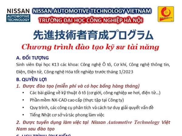 Tổ chức tuyển sinh lớp Kỹ sư tài năng của Nissan Automotive Technology Khóa 8 (Dành cho SV ĐH K13)