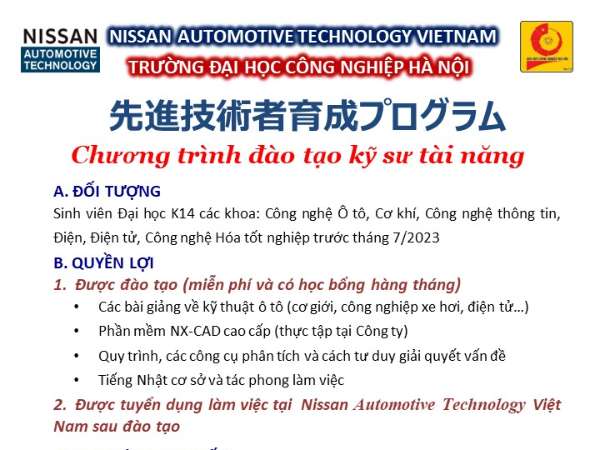 Tổ chức tuyển sinh lớp Kỹ sư tài năng của Nissan Automotive Technology Khóa 9 (Dành cho SV ĐH K14)