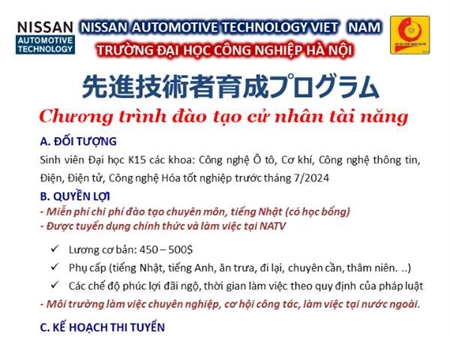 Tuyển sinh Lớp đào tạo cử nhân trình độ cao cho công ty TNHH Nissan Automotive Technology Việt Nam-khóa 10