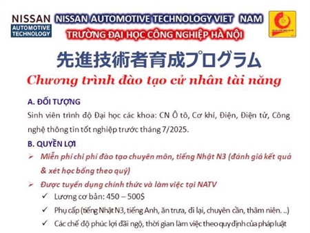 Tuyển sinh Lớp đào tạo cử nhân trình độ cao (đào tạo 2 năm)_Khóa 1 cho công ty TNHH Nissan Automotive Technology Việt Nam